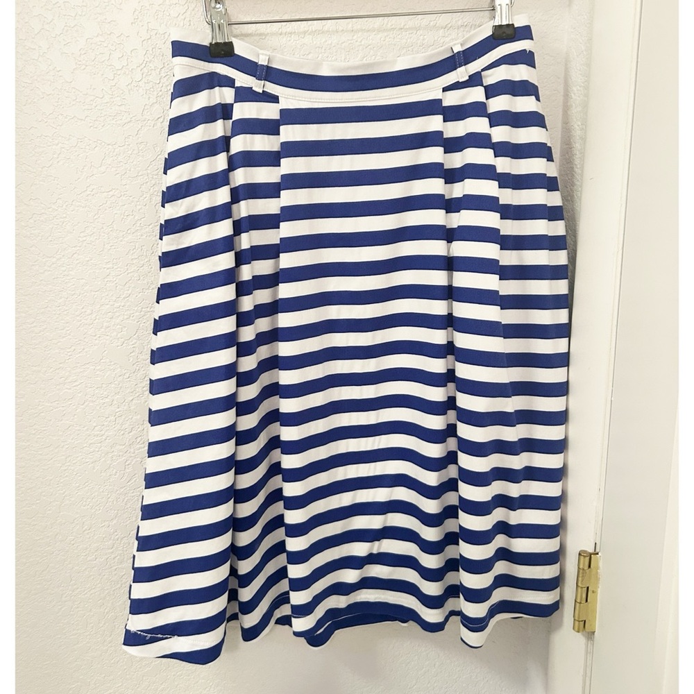 MODCLOTH Cobalt & White Striped Circle Skirt Pockets Beltable Pleated Front SZ:M